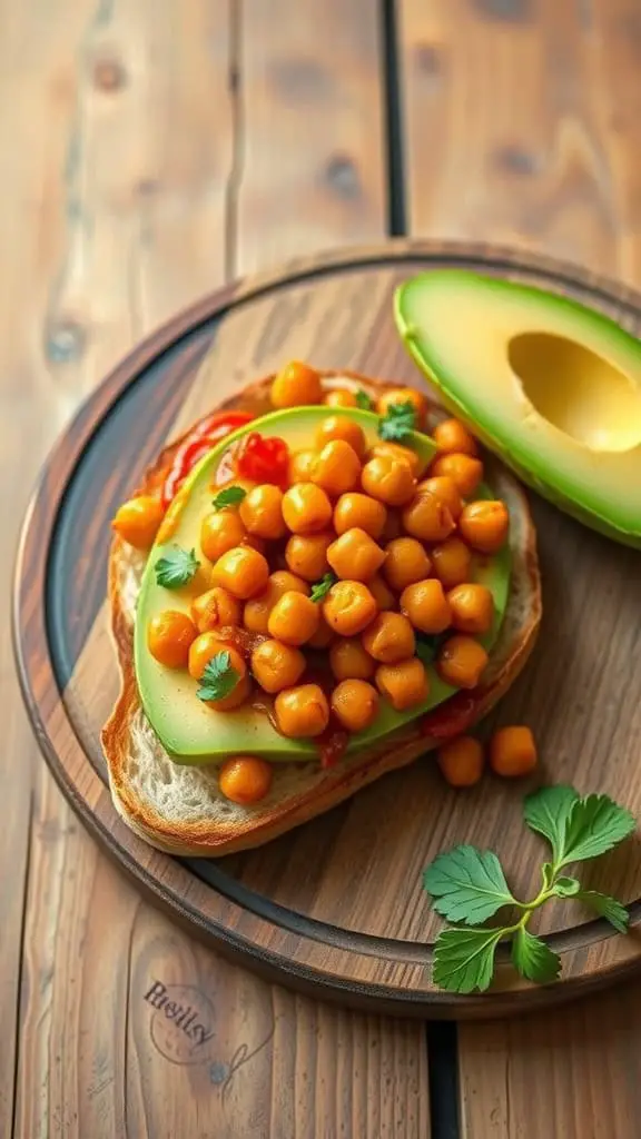 A slice of toasted bread topped with mashed avocado and chickpeas, garnished with cilantro