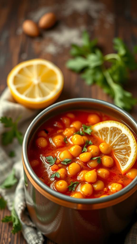 A thermos filled with spicy chickpea stew, garnished with lemon and parsley.