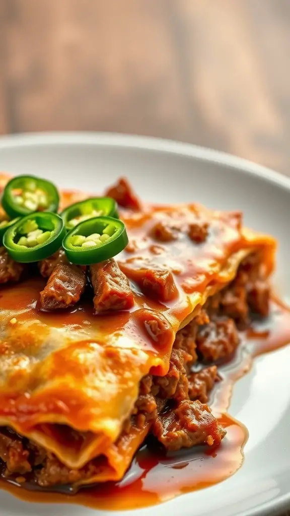 A delicious plate of spicy chipotle beef enchilada casserole topped with jalapeños.