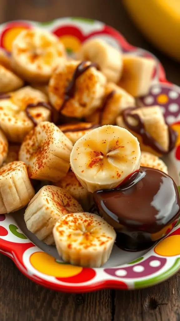 A colorful plate of spicy cinnamon chocolate banana bites topped with chocolate drizzle.