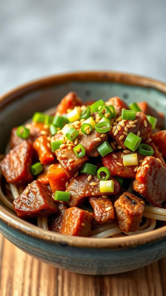 A bowl of Spicy Korean BBQ Beef with noodles, topped with green onions and sesame seeds.