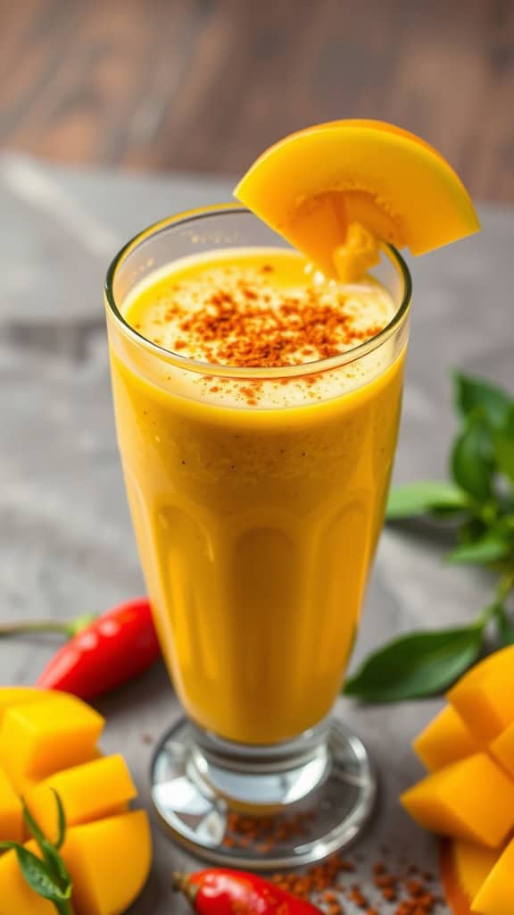 A glass of spicy mango coconut smoothie topped with a mango slice and chili powder, placed next to fresh mangoes and red chili peppers.