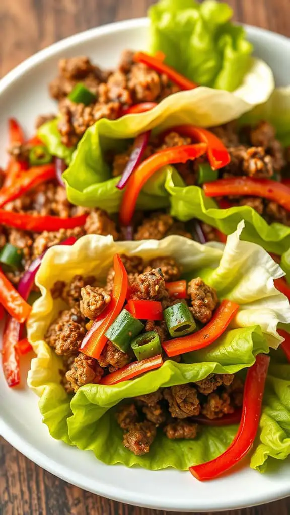 A plate of Spicy Mongolian Beef Lettuce Wraps with ground beef and colorful peppers