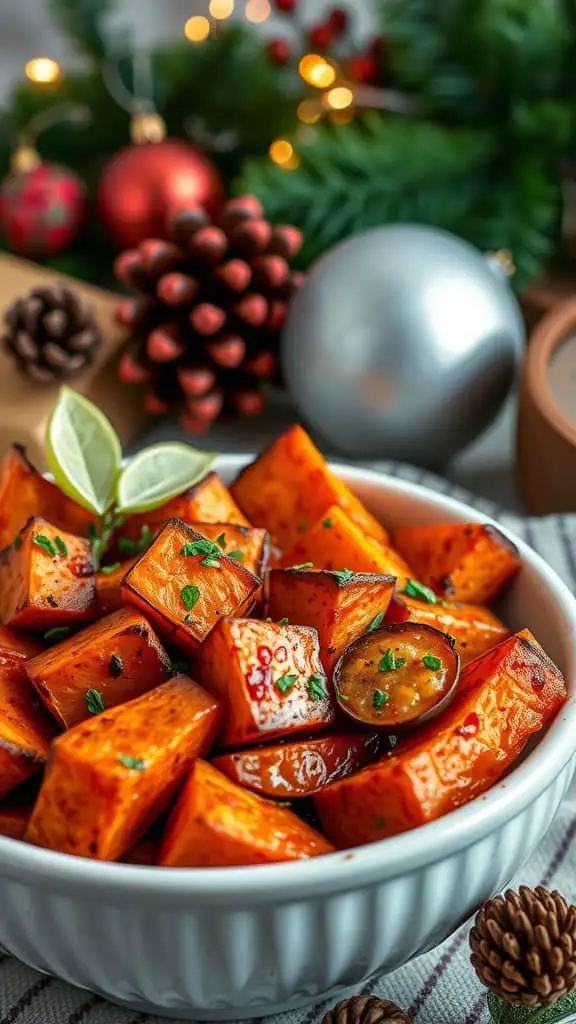 A bowl of spicy roasted sweet potatoes garnished with herbs, surrounded by festive decorations.