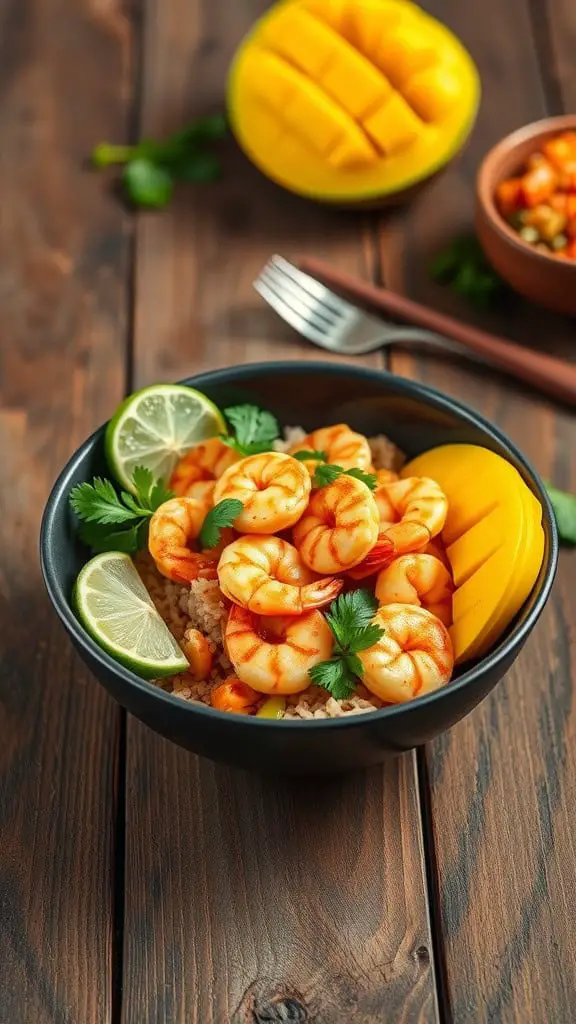 A delicious spicy shrimp and mango rice bowl with lime and cilantro.