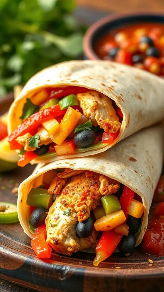 Delicious Spicy Southwest Chicken Wrap filled with grilled chicken, colorful peppers, and black beans, served with salsa.