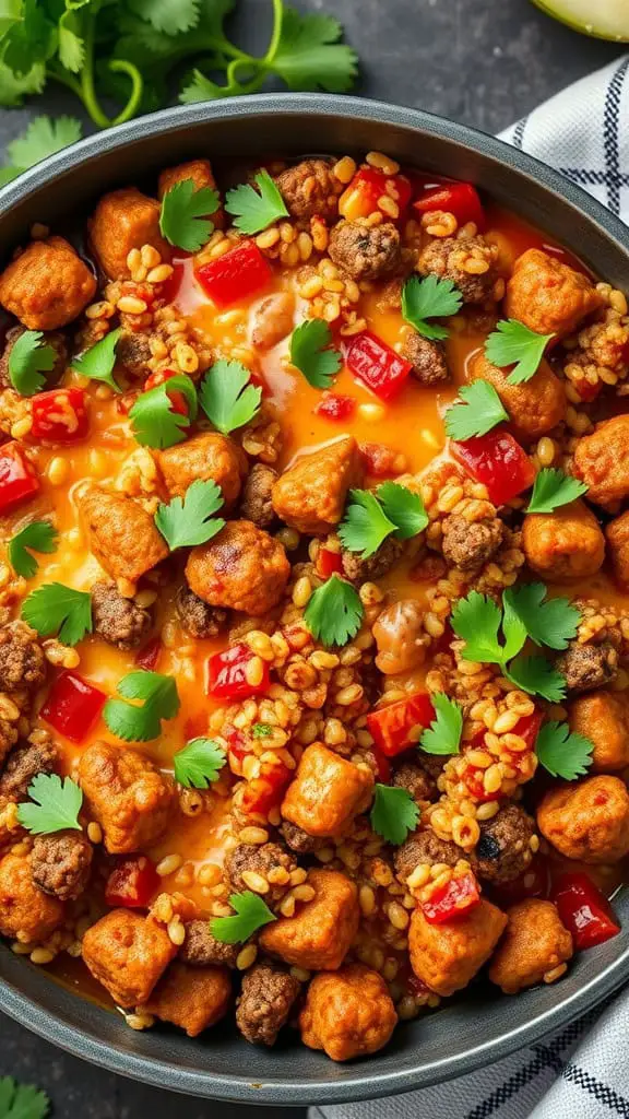 A colorful and hearty casserole filled with ground beef, quinoa, red peppers, and topped with melted cheese, garnished with fresh cilantro.