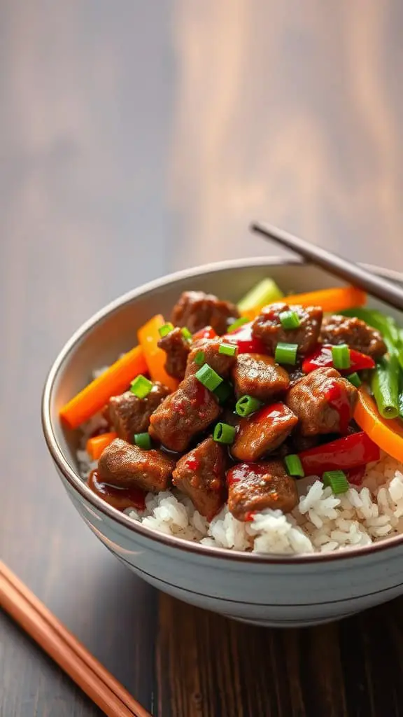 A bowl of spicy Szechuan beef served over white rice with colorful vegetables.