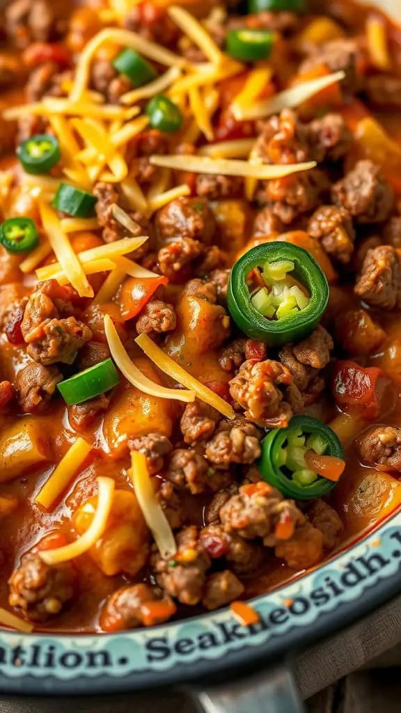 A delicious Spicy Tex-Mex Hamburger Casserole topped with cheese and green onions.