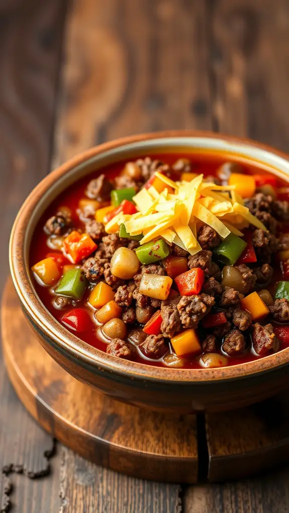 A bowl of spicy Tex-Mex stovetop chili with ground beef, topped with shredded cheese and colorful vegetables.