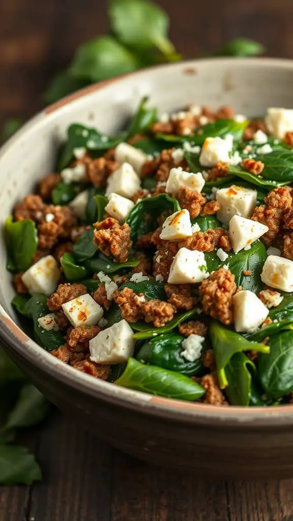 A bowl of spinach and feta ground beef bake, featuring ground beef, fresh spinach, and feta cheese.