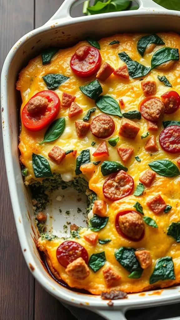 A baked dish with spinach, tomatoes, and ground beef, topped with cheese and croutons.