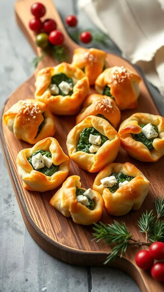 Spinach and feta puff pastry bites on a wooden serving board, garnished with cherry tomatoes and greenery.