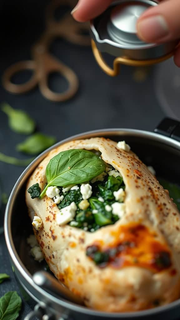 A close-up of spinach and feta stuffed chicken in a metal lunch container, ready to be sealed.