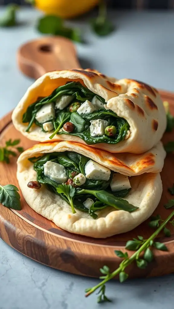 Spinach and feta stuffed pita on a wooden board