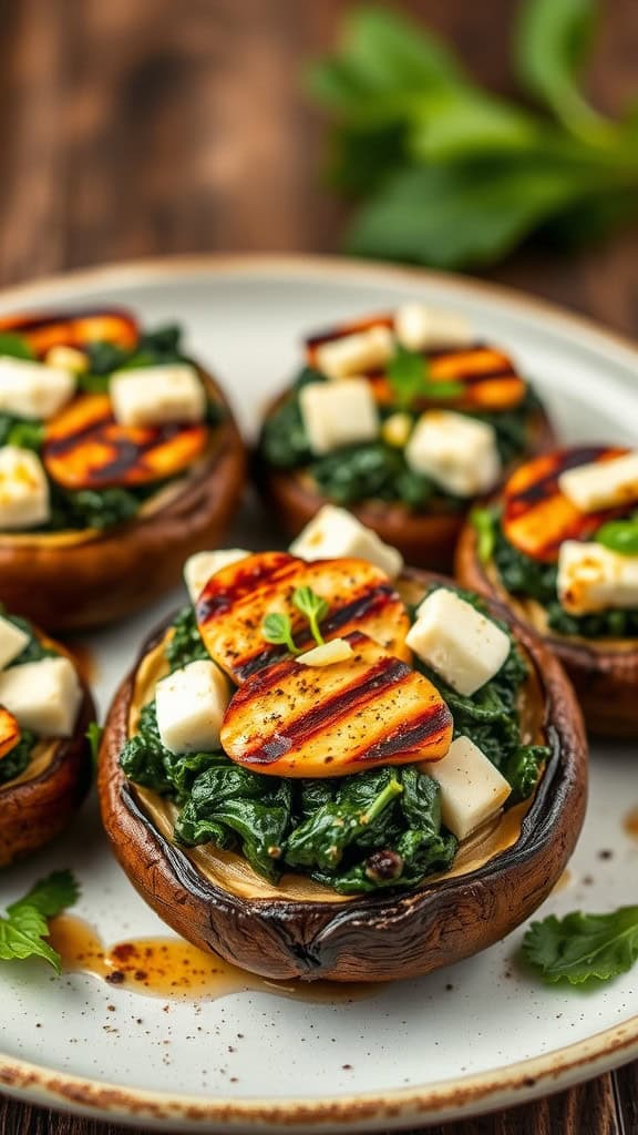 Stuffed portobello mushrooms filled with spinach and feta on a plate