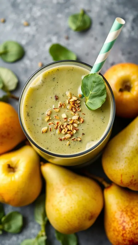 A refreshing spinach and pear smoothie topped with nuts, surrounded by fresh pears.