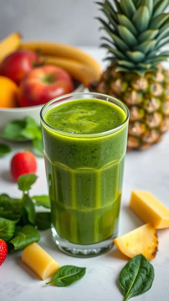 A refreshing green smoothie made with spinach, pineapple, and strawberries, surrounded by fresh fruits