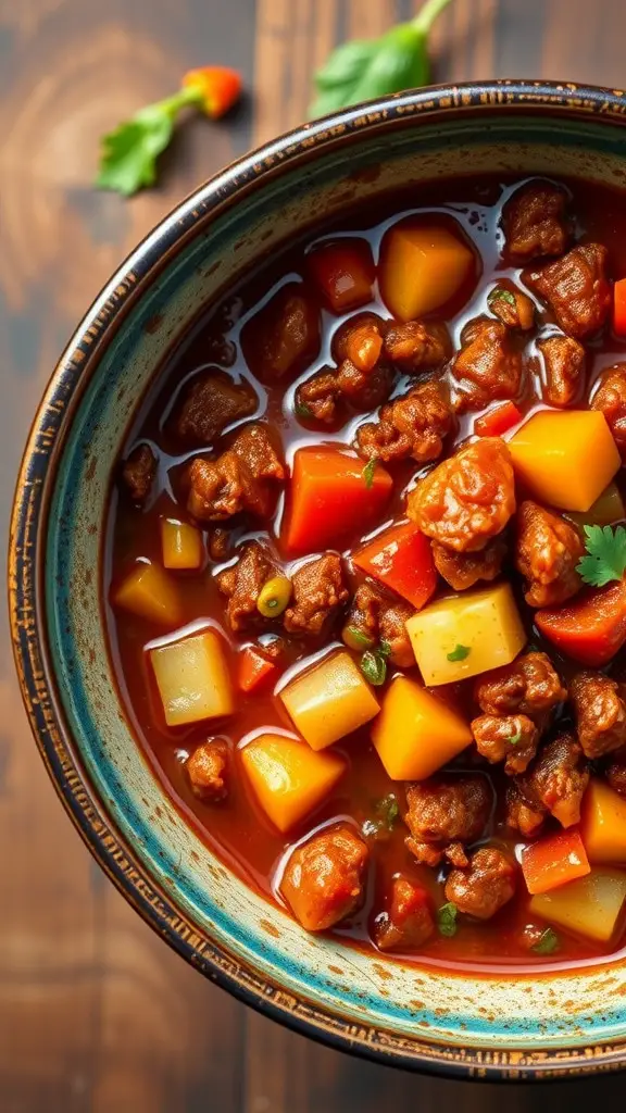 A bowl of colorful stovetop chili with ground beef and hidden vegetables.