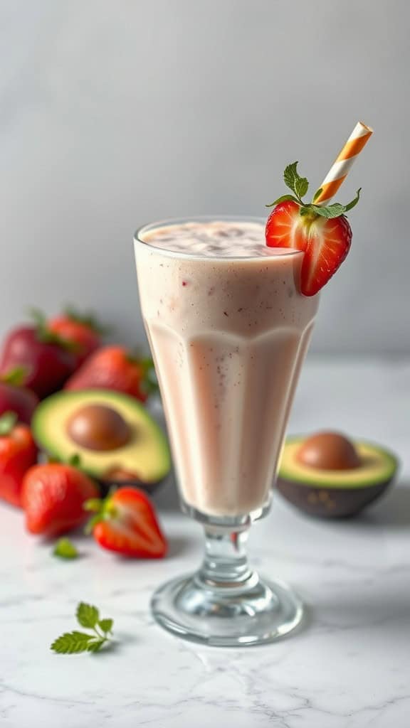 A creamy pink smoothie topped with a strawberry and mint, with strawberries and avocados in the background.