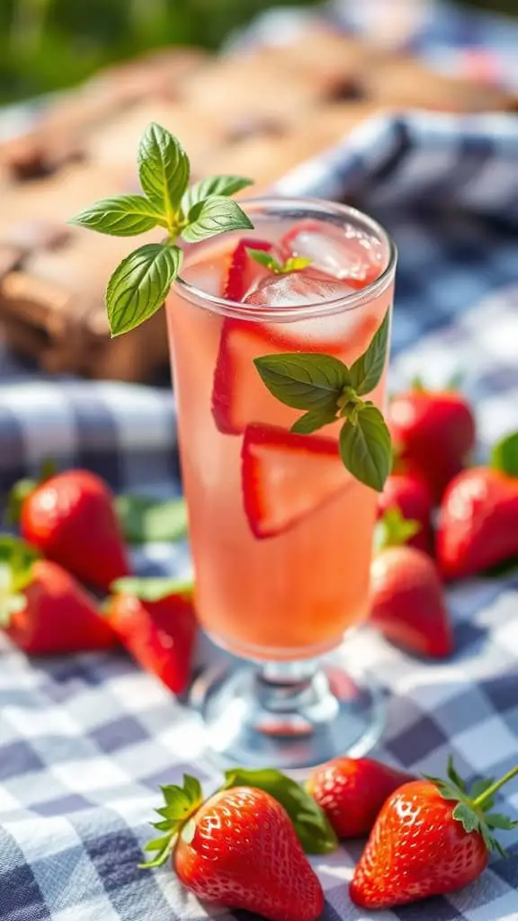 A refreshing glass of Strawberry Basil Iced Tea with strawberries around it