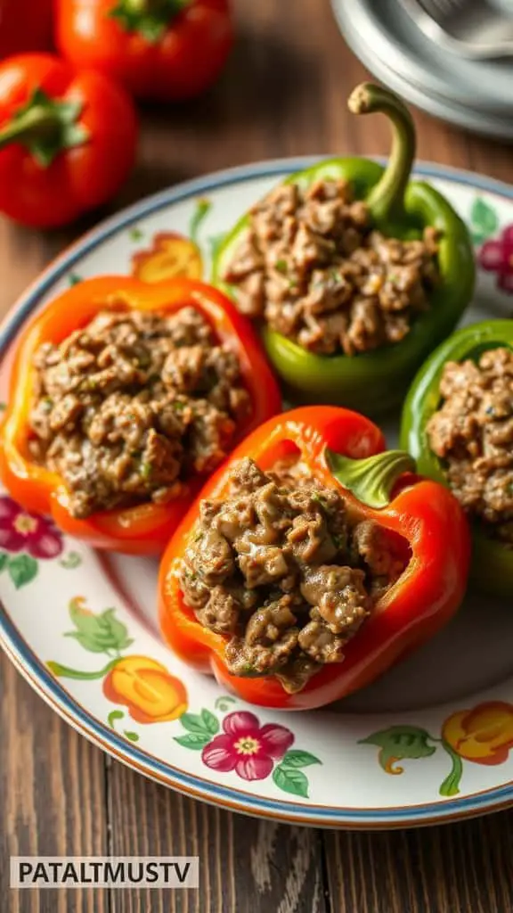 A plate of colorful bell peppers stuffed with a creamy beef mixture, ready to be served.