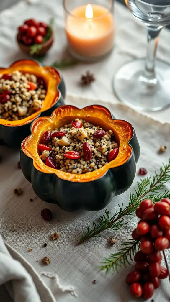 Stuffed acorn squash with quinoa and cranberries, decorated with herbs and a candle in the background.