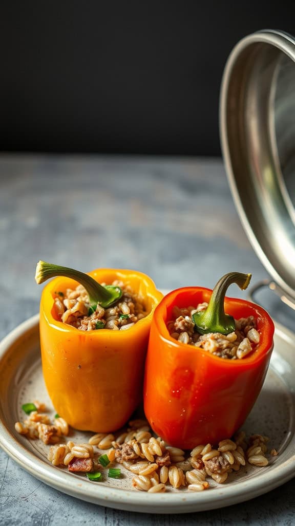 Two stuffed bell peppers on a plate filled with a savory mixture.