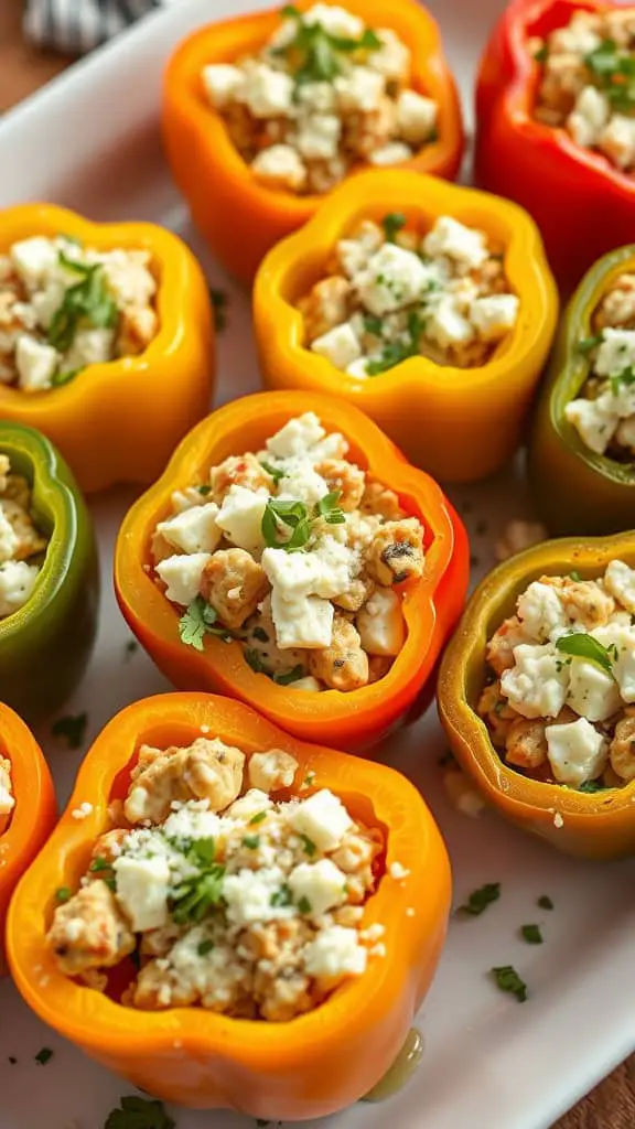 Colorful stuffed bell peppers filled with rice and topped with feta cheese