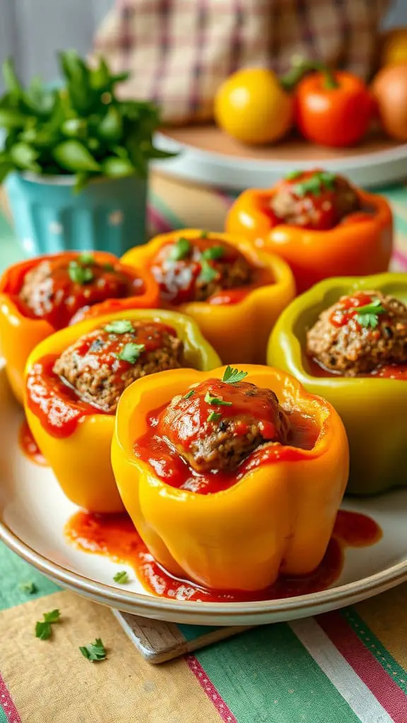 Stuffed bell peppers filled with meatballs and tomato sauce, garnished with parsley.