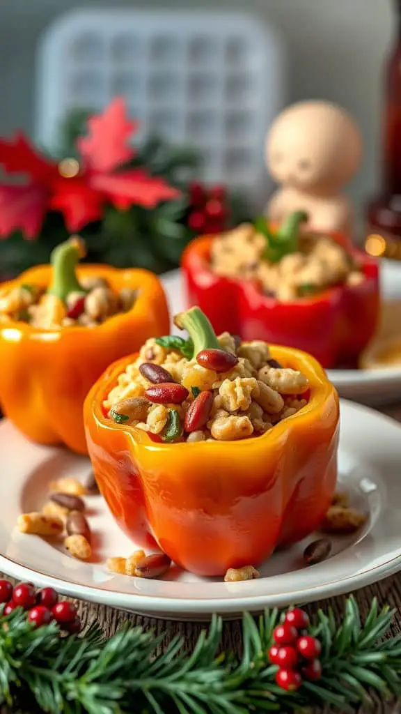 Colorful stuffed bell peppers filled with rice and beans on a plate, decorated with festive holiday elements.