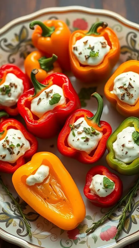 A plate of colorful stuffed mini peppers filled with goat cheese and garnished with herbs.