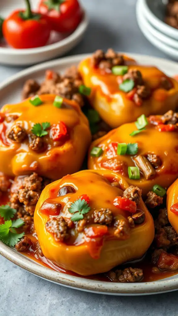 Stuffed peppers filled with ground beef, topped with cheese and sauce, served on a plate