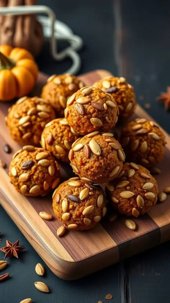 A plate of sunflower seed pumpkin bites arranged on a wooden board, surrounded by pumpkin decorations.