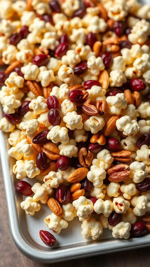 A close-up of sweet and salty mixed nut popcorn, featuring fluffy popcorn and an assortment of nuts.