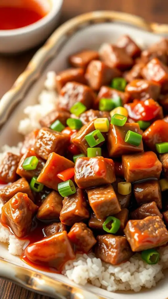 A plate of sweet and sour Mongolian beef bites served over rice, topped with green onions.