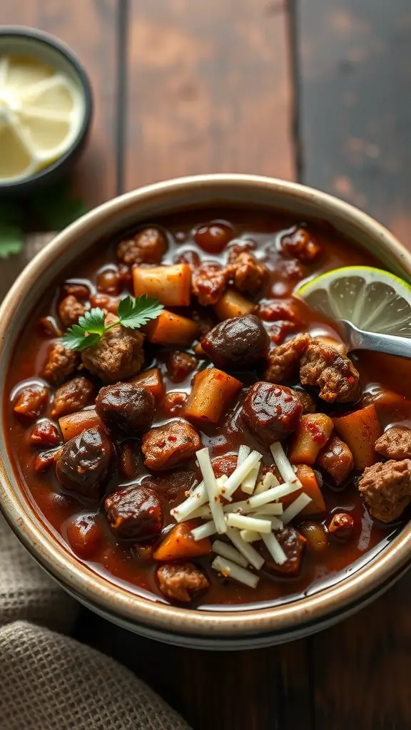 Bowl of sweet and spicy ground beef chili garnished with cheese and lime