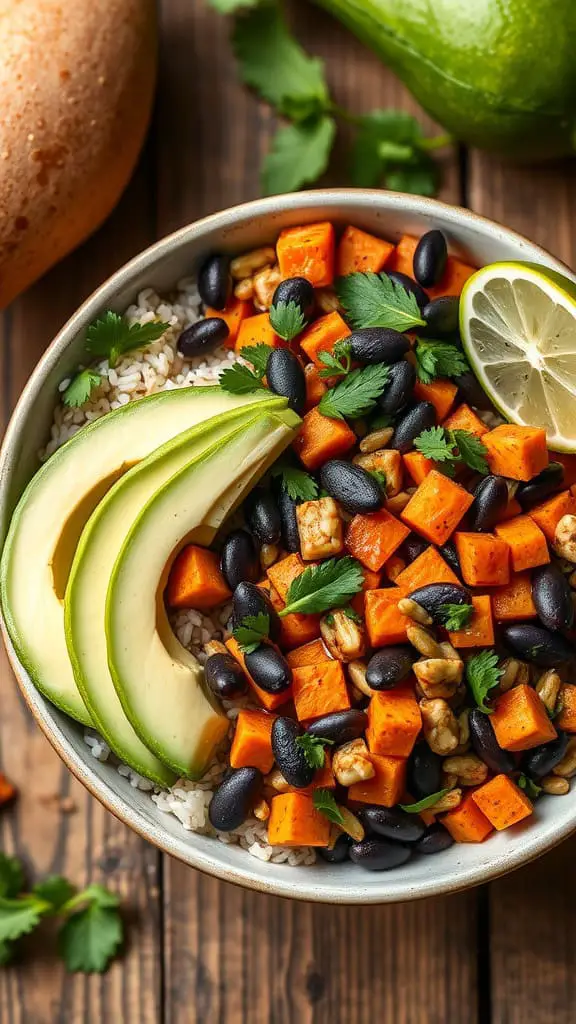 A colorful bowl of sweet potato, black beans, avocado slices, and rice topped with cilantro and lime.