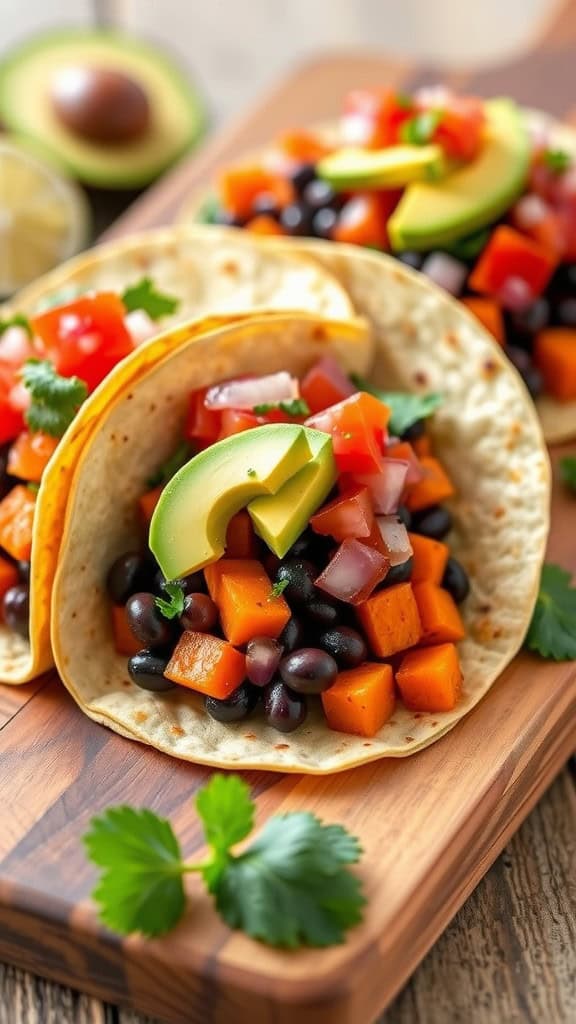 Delicious sweet potato and black bean tacos topped with avocado and diced tomatoes on a wooden board