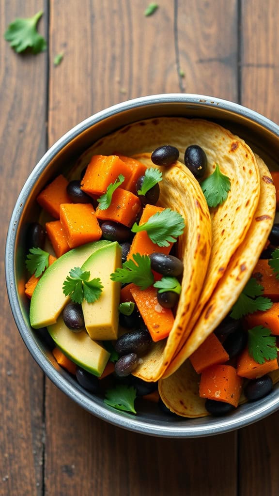 A bowl of sweet potato and black bean tacos with cilantro on a wooden table.