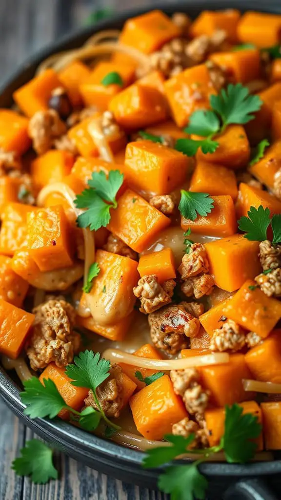 Bowl of sweet potato and ground turkey bake with fresh herbs