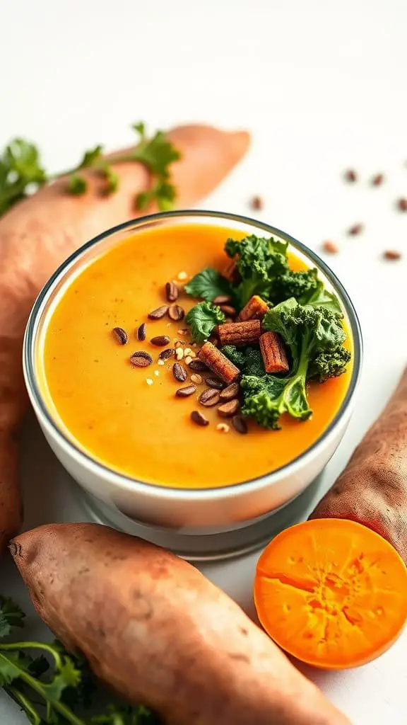 A bowl of sweet potato and kale soup surrounded by fresh sweet potatoes and a cut orange.