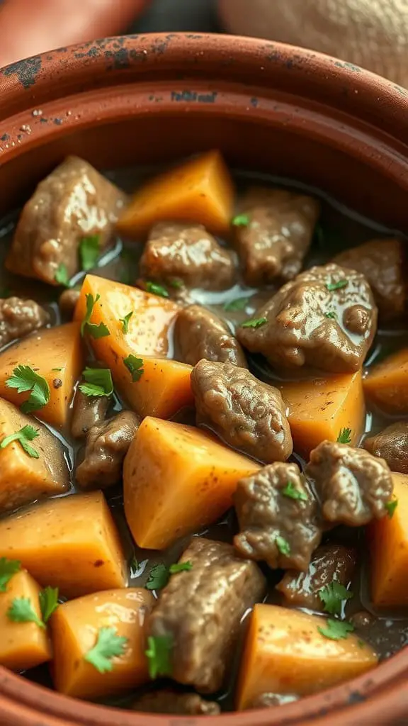 A clay pot filled with sweet potato beef stroganoff, featuring chunks of beef and sweet potatoes in a savory sauce, garnished with fresh herbs.