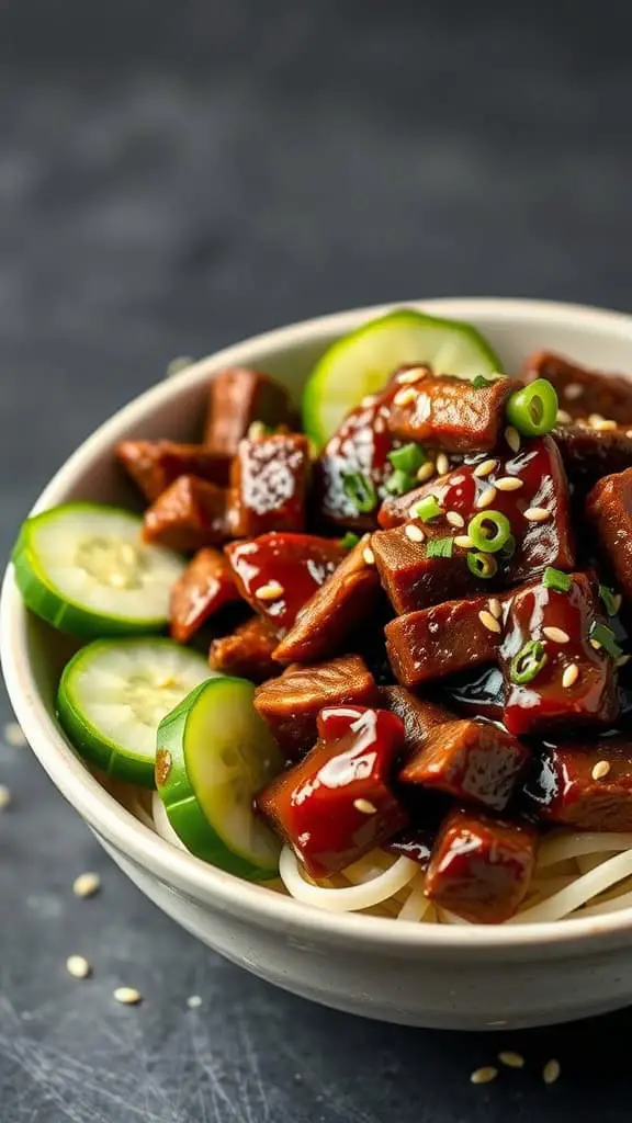 A bowl of Sweet Soy Glazed Beef with cucumber slices and garnishes.