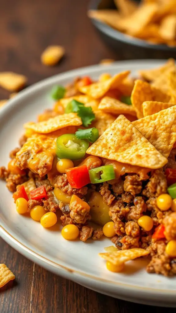 Taco-style ground beef and corn casserole topped with tortilla chips and fresh vegetables.