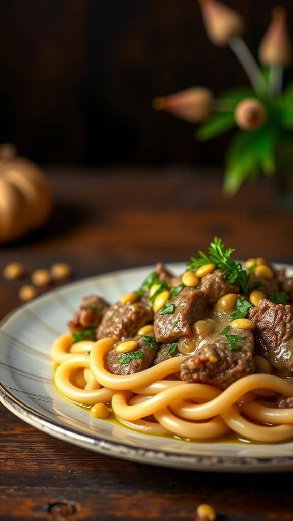 Plate of Tangy Mustard Beef Stroganoff with noodles and beef in a creamy sauce