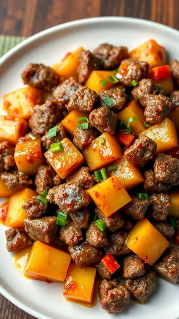 A plate of teriyaki beef and potato stir-fry, featuring tender beef cubes and diced potatoes, garnished with green onions.