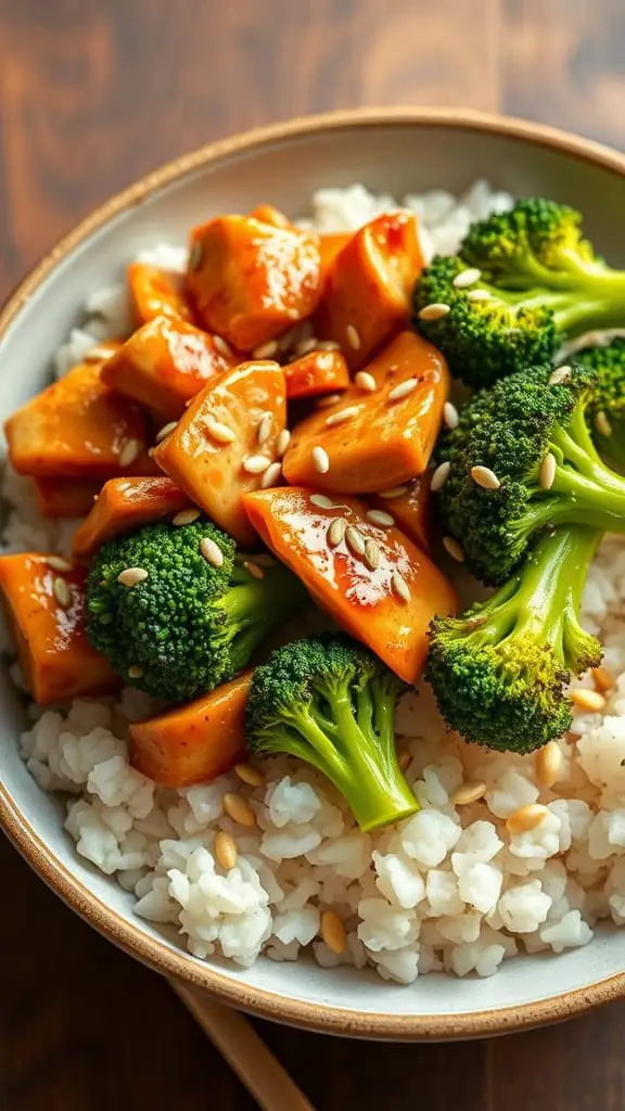 A bowl of teriyaki chicken and broccoli served over rice, garnished with sesame seeds.