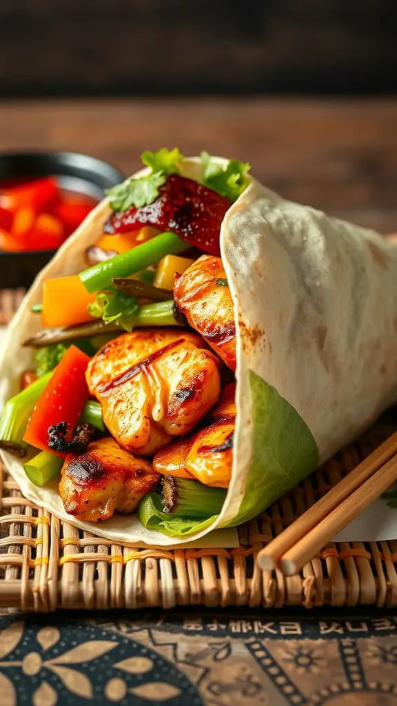 A delicious teriyaki chicken wrap filled with grilled chicken and colorful veggies, served with chopsticks.