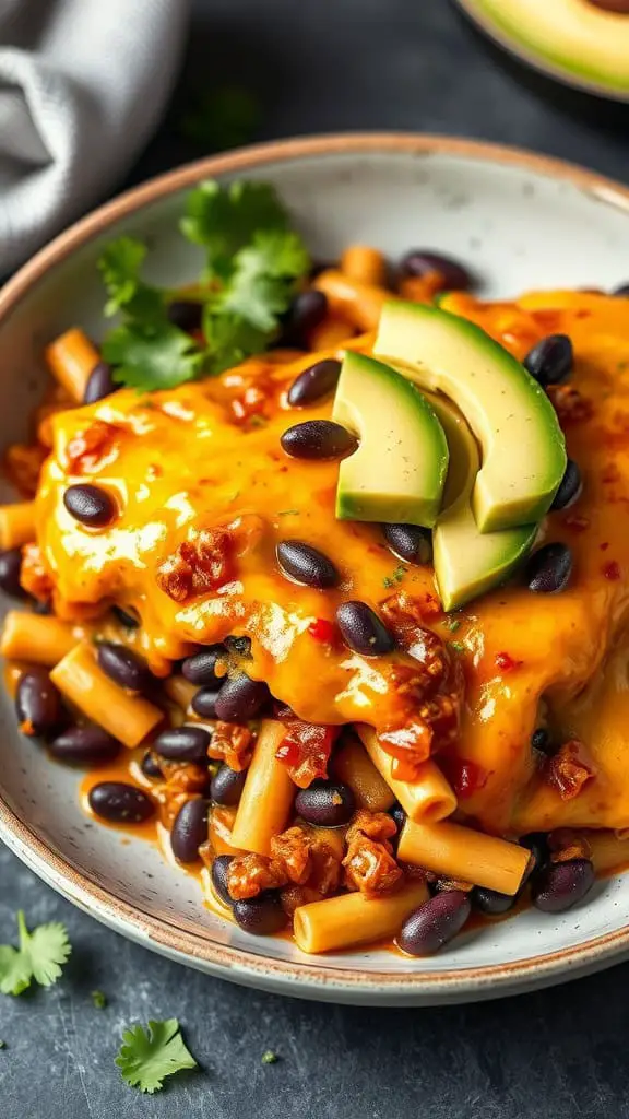 A delicious Tex-Mex Beef Enchilada Casserole with black beans and melted cheese topped with avocado slices.